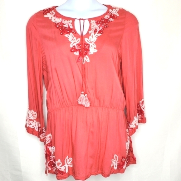 Soft Surroundings Floral Embroidered Tunic Size M Beaded Tassel Tie Top Beach - Picture 1 of 12